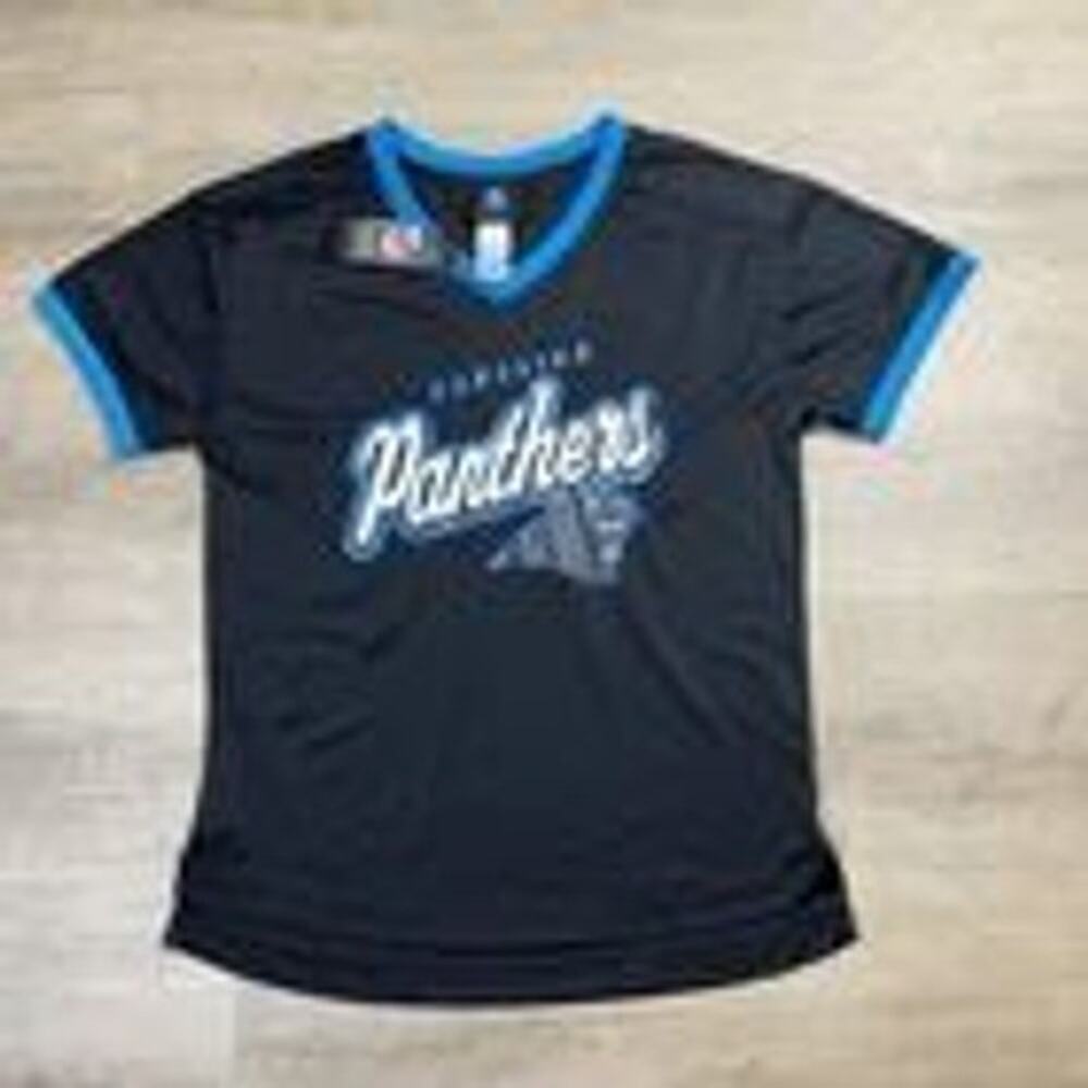 NFL Carolina Panthers Juniors Short Sleeve V Neck Jersey Black Blue Size S‎ NWT